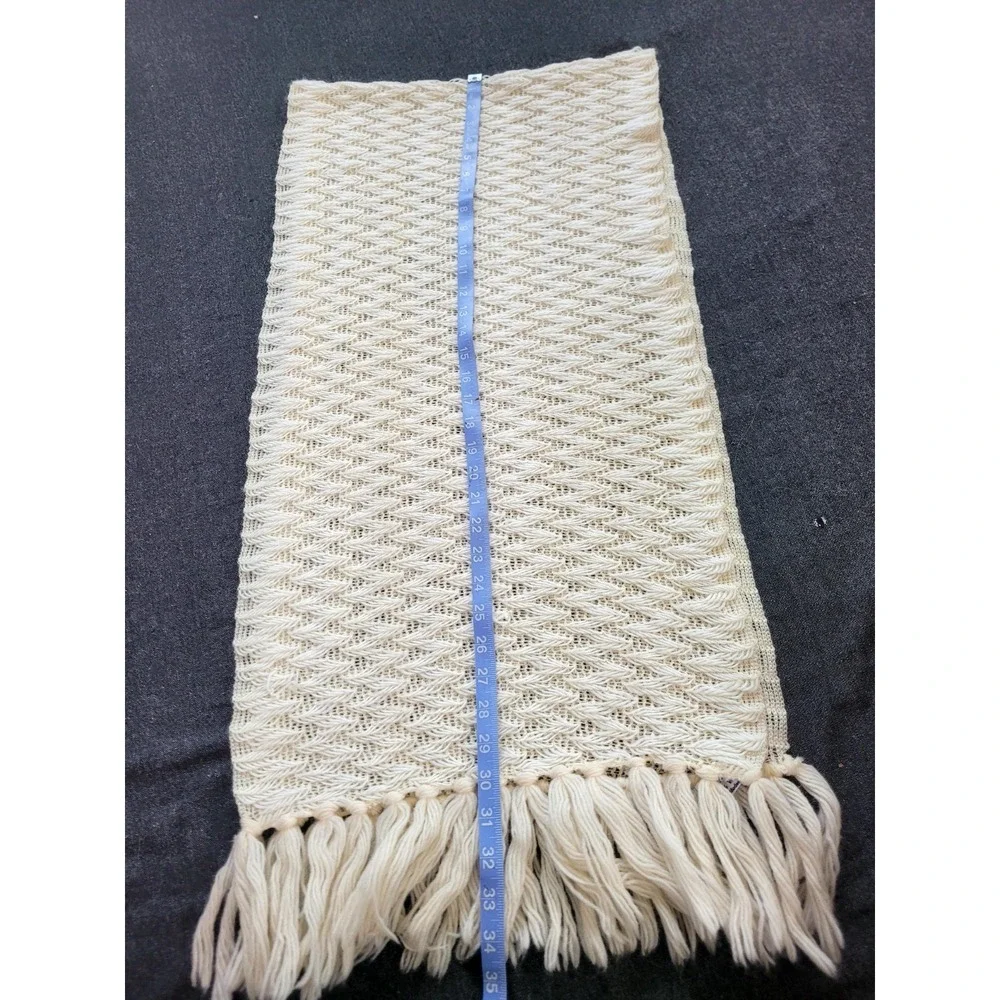 Vintage 60s 70s Glentex Wool Scarf Large Knit Fringe White Ivory Unique Chevron‎